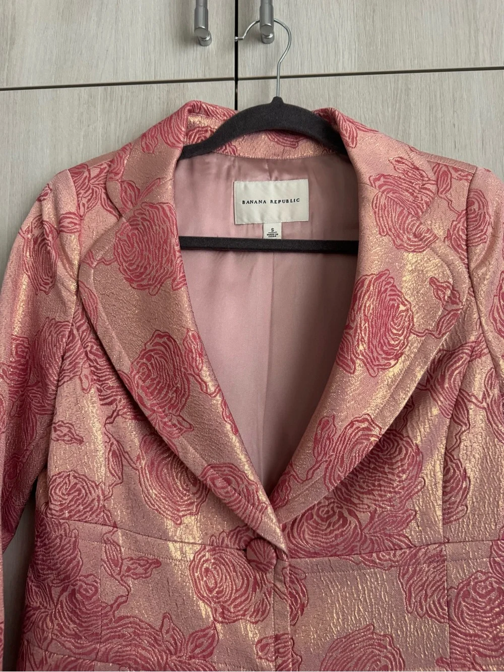Banana Republic Rose-Patterned Pink Jacquard Blazer Coat Silk Sz S